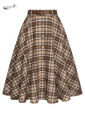 Plaid A-Line Midi Skirt High Waisted Pleated Flared with Pockets Belt